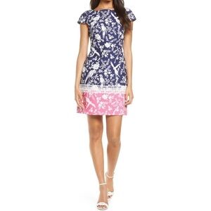 NWT Eliza J Border Print Short Dress in Navy Pink